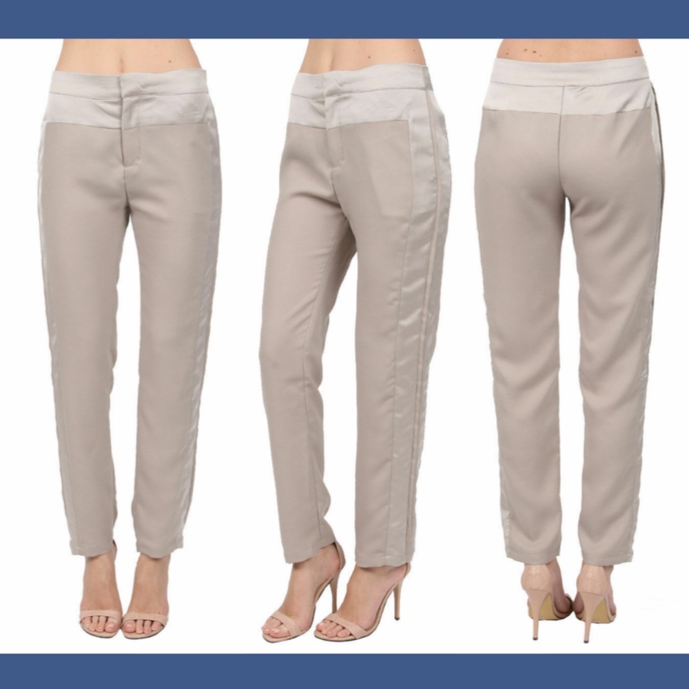 NWT $242 Parker Dolly Tuxedo Stripe Trouser Pant Sterling Beige‎ [SZ Medium ]